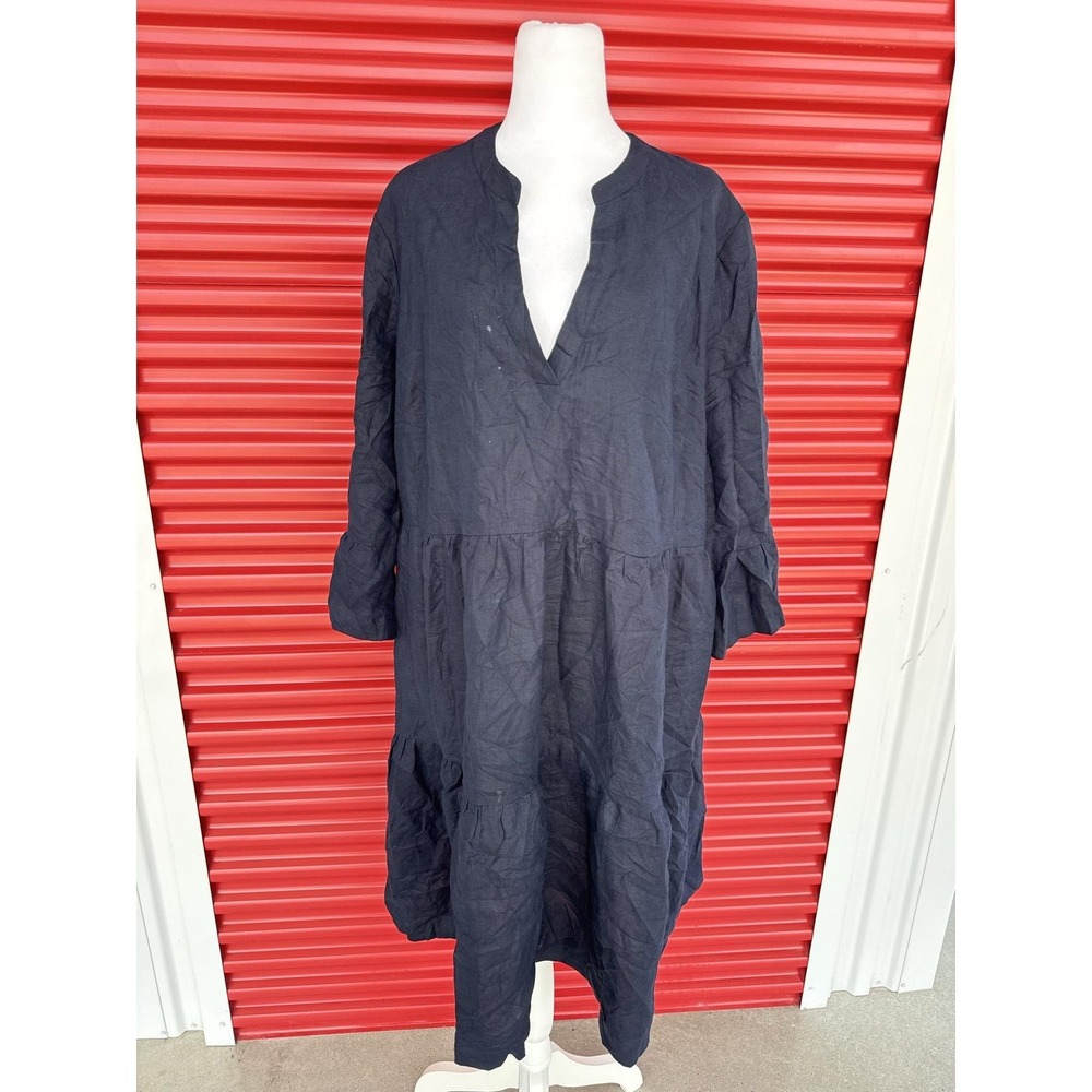 Boden Dress Womens 20-22L Blue Linen 3/4 Sleeve V Neck Midi Trapeze Swing